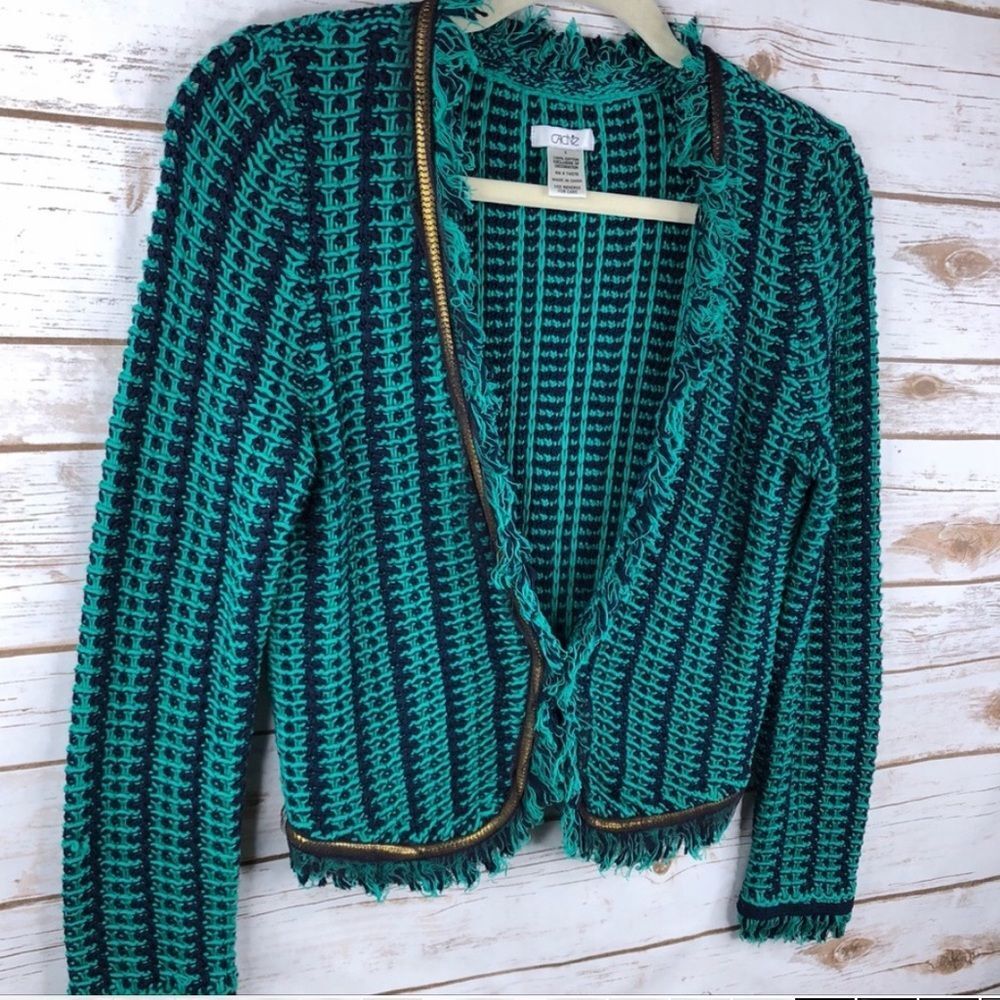 Cache knit fringe trim cardigan